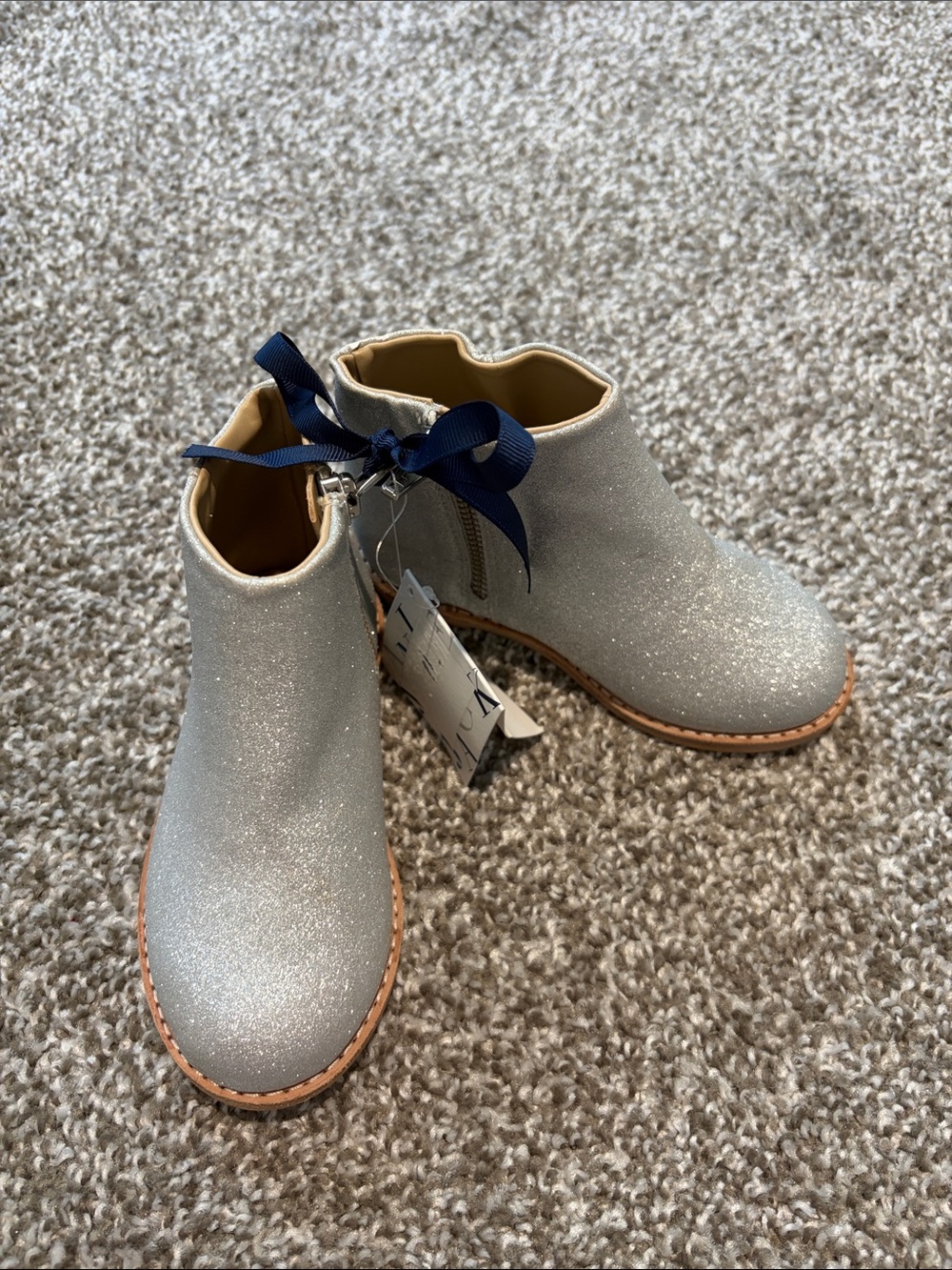 Janie and Jack Silver Glitter Ankle Boots with Navy Bow